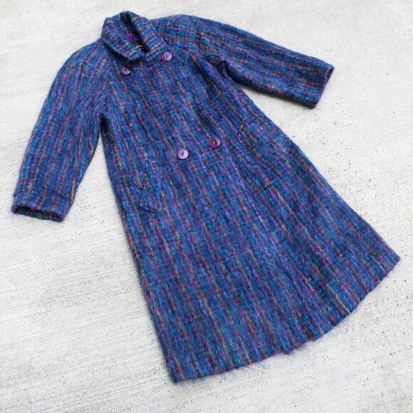 Vintage 60s Kramer's Plaid Jewel Tone Shaggy Mohair Blend Coat Lined Women's 8 - Picture 1 of 16